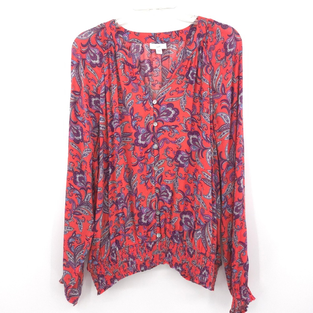 J. Jill Blouse Women Large Red Paisley Smocked Hem Button Front Long Sleeve Boho